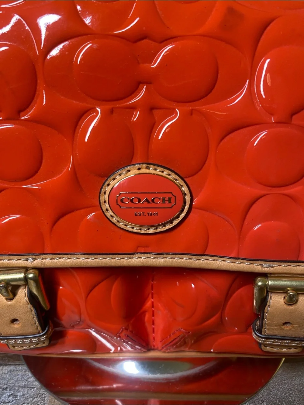 Coach Orange Patent Leather Signature Crossbody with Tan Trim - Picture 3 of 13